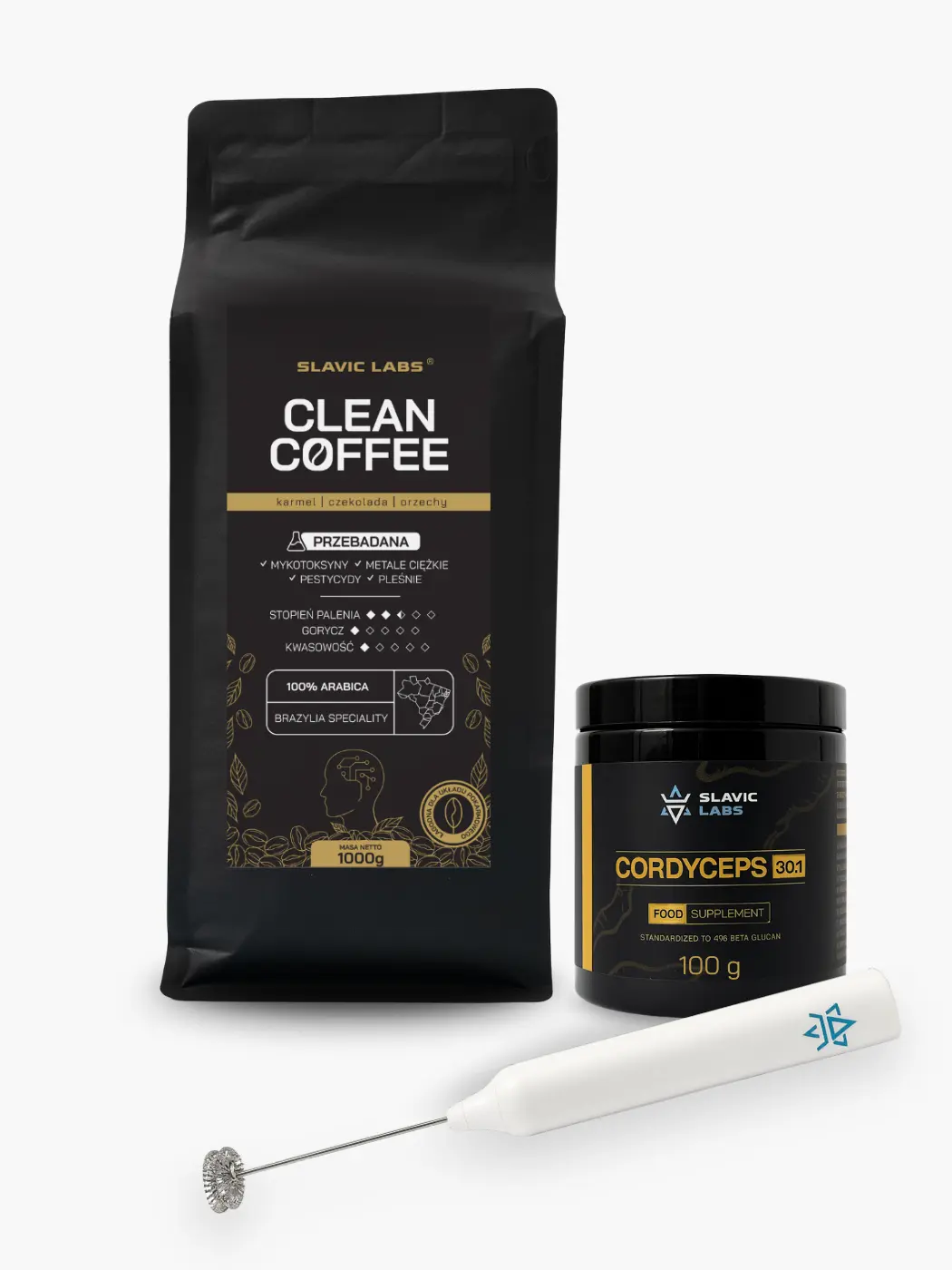 ZESTAW= Kawa CLEAN COFFEE 1kg + Cordyceps 30:1 (100g)+ Mieszadełko