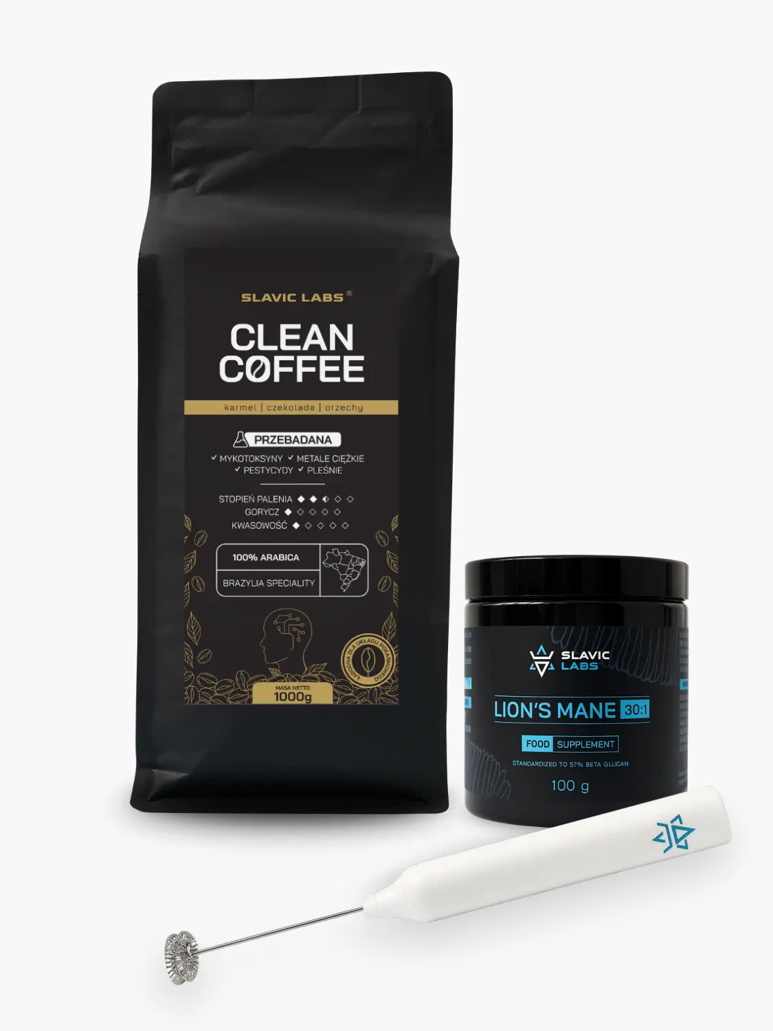 ZESTAW= Kawa CLEAN COFFEE 1kg + Lion’s Mane 30:1 (100g)+ Mieszadełko